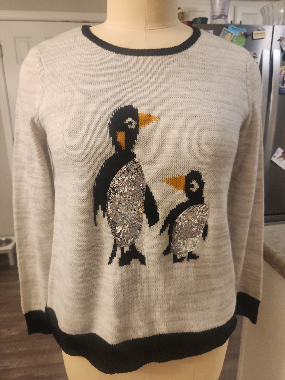 Holiday Time Cream Penguin Sequin Crewneck Sweater with Black Trim